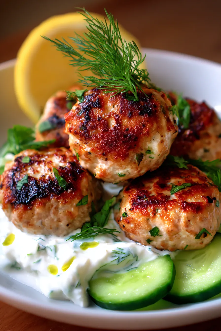 Greek Turkey Meatballs with Tzatziki-closeup-texture