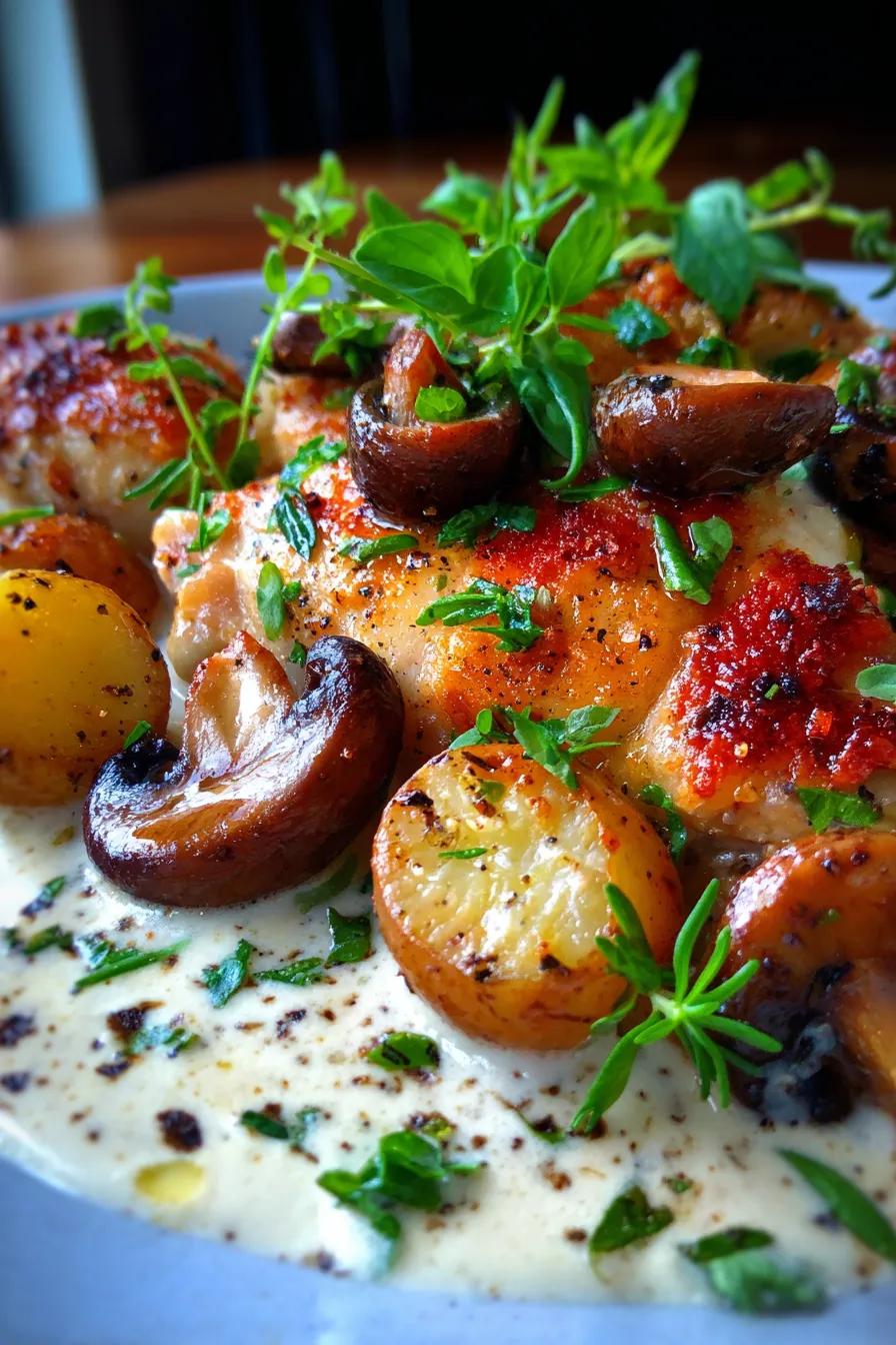 Herb Roasted Chicken in Creamy White Sauce with Mushroom and Potatoes-close-up-texture