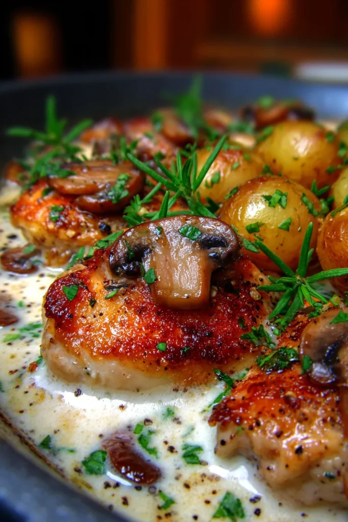 Cozy Herb Roasted Chicken Dinner: Creamy Mushroom & Potatoes