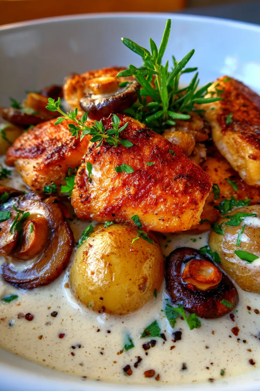 Herb Roasted Chicken in Creamy White Sauce with Mushroom and Potatoes-serving-dish