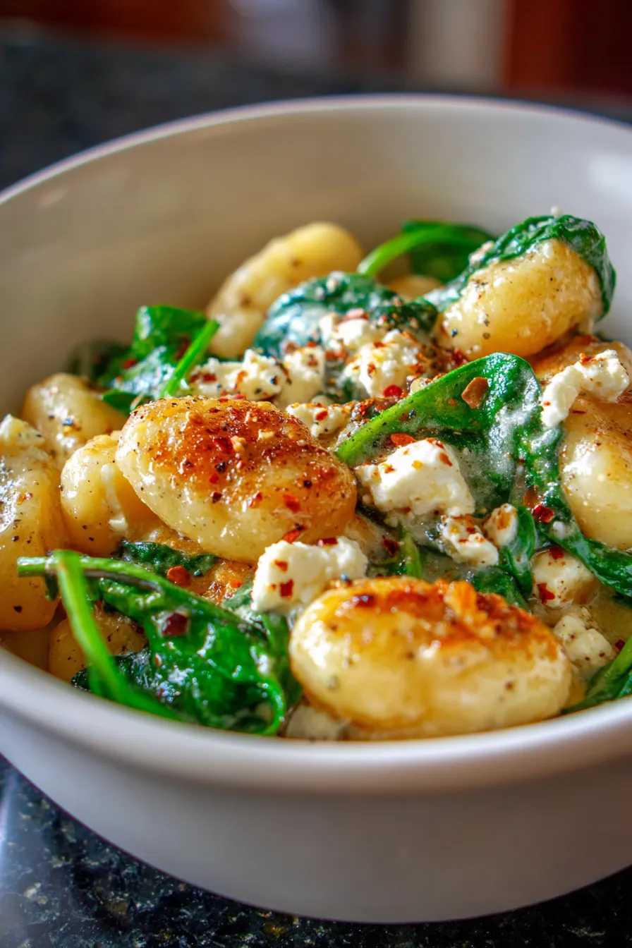 Ingredients for Creamy Gnocchi - fresh spinach - crumbled feta - gnocchi
