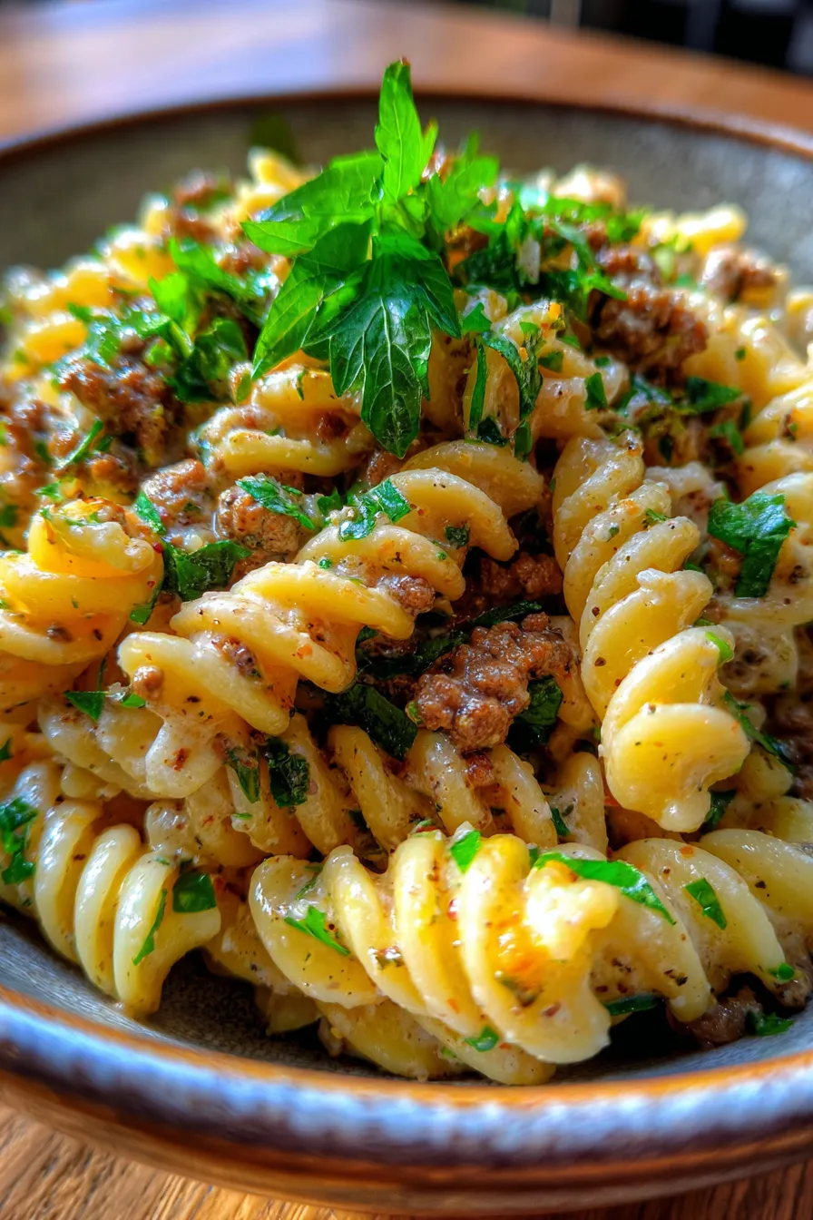 One-Pot Creamy Beef and Garlic Butter Pasta-closeup-texture
