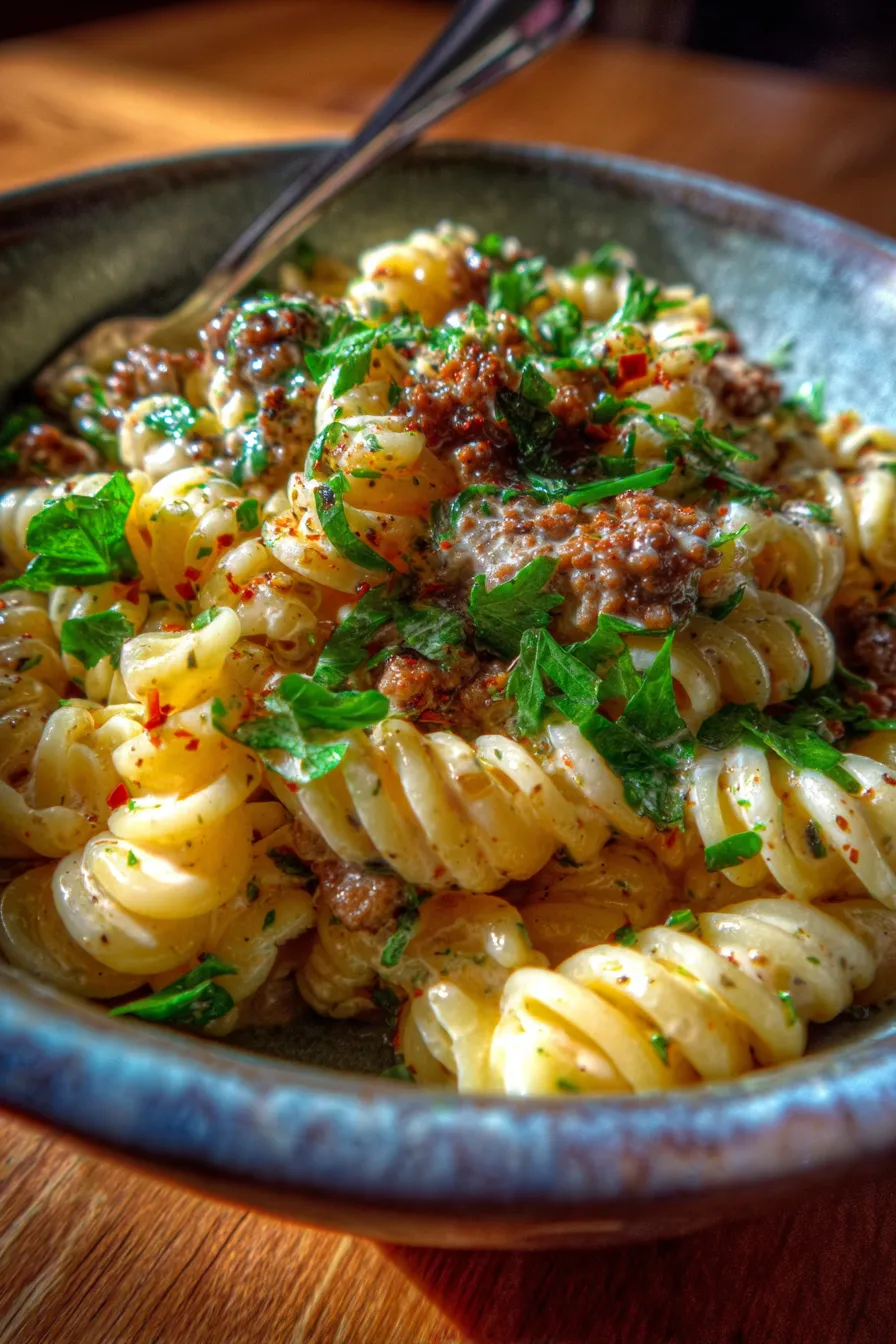 One-Pot Creamy Beef and Garlic Butter Pasta-serving-spoonful