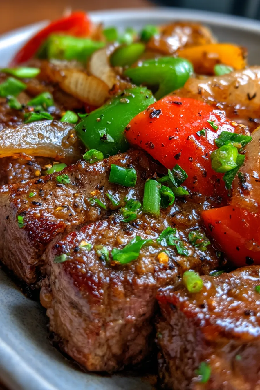 Pepper Steak with Bell Peppers and Onions-sizzling-pan