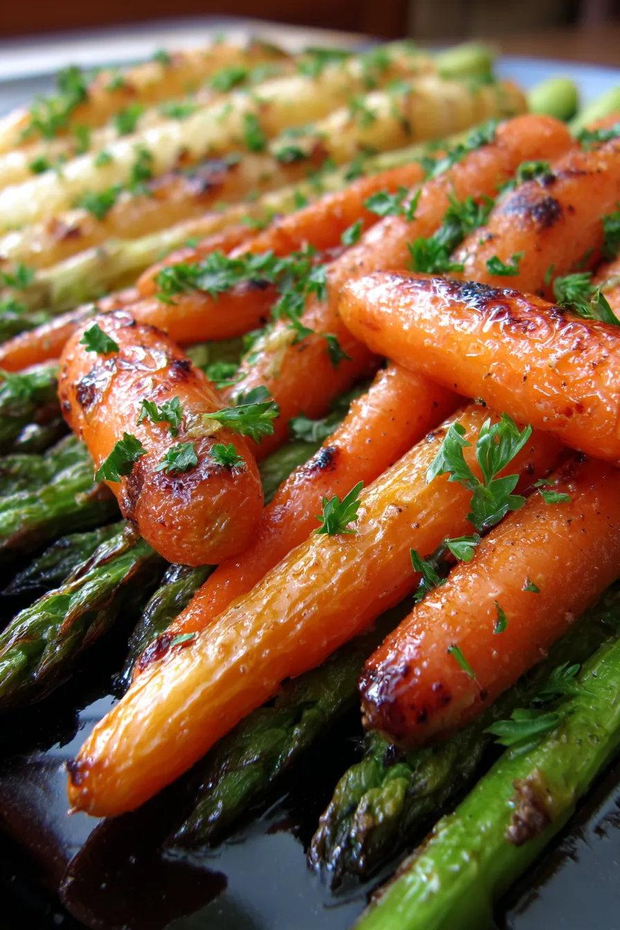 Sheet pan filled with uniformly cut asparagus and carrot pieces, seasoned and unroasted, ready for the oven, pre-cooking prep.