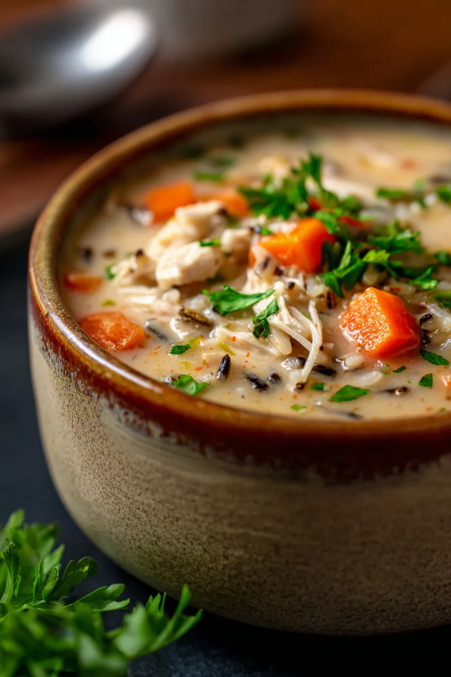 Slow Cooker Chicken and Wild Rice Soup - Fall Soup Recipe-garnished-freshherbs