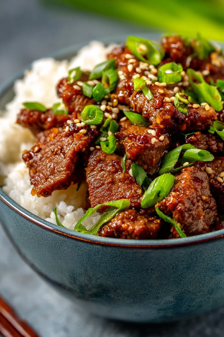 Slow Cooker Korean Beef-serving-bowl-overhead
