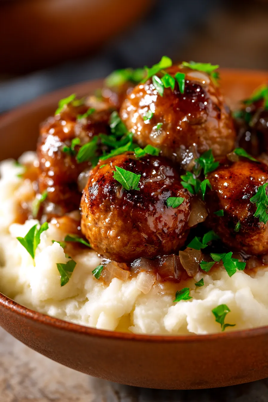 Slow Cooker Salisbury Steak Meatballs-serving-hearty bowl