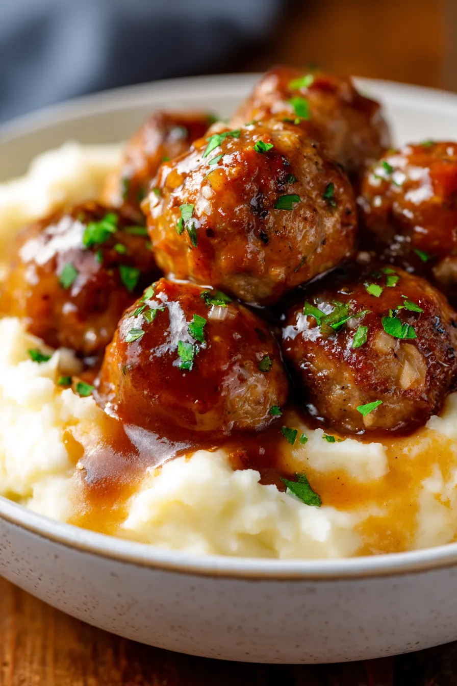 Slow Cooker Salisbury Steak Meatballs-texture-sauce closeup
