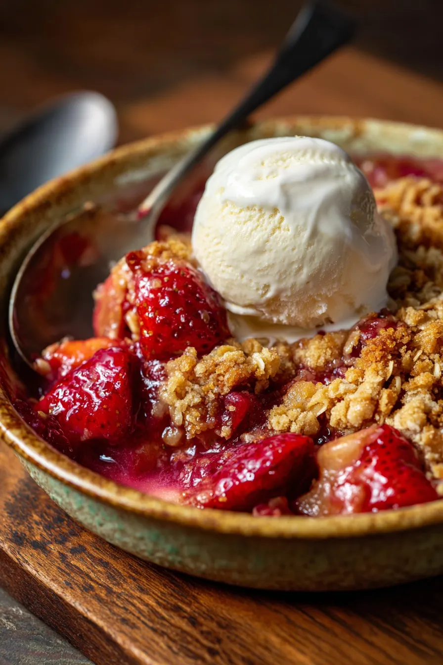 Strawberry Rhubarb Crumble-slice-vanilla-icecream