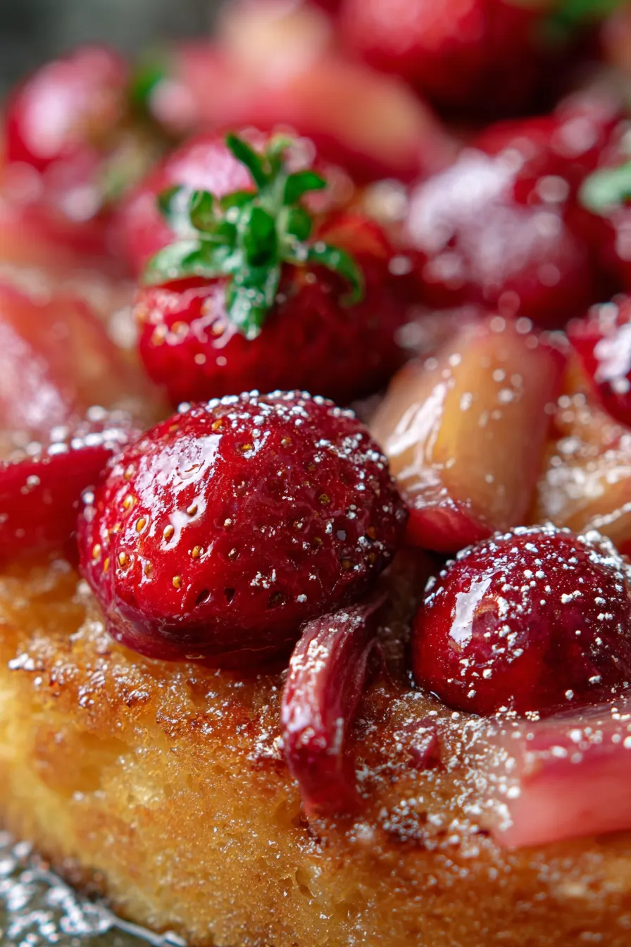 Strawberry Rhubarb Upside Down Cake-caramelized-fruit-close-up