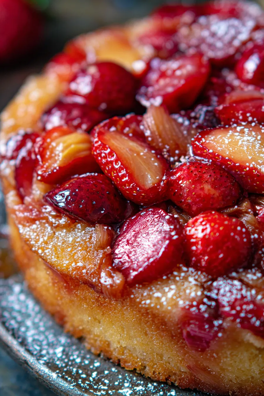 Strawberry Rhubarb Upside Down Cake-whole-cake-kitchen-table